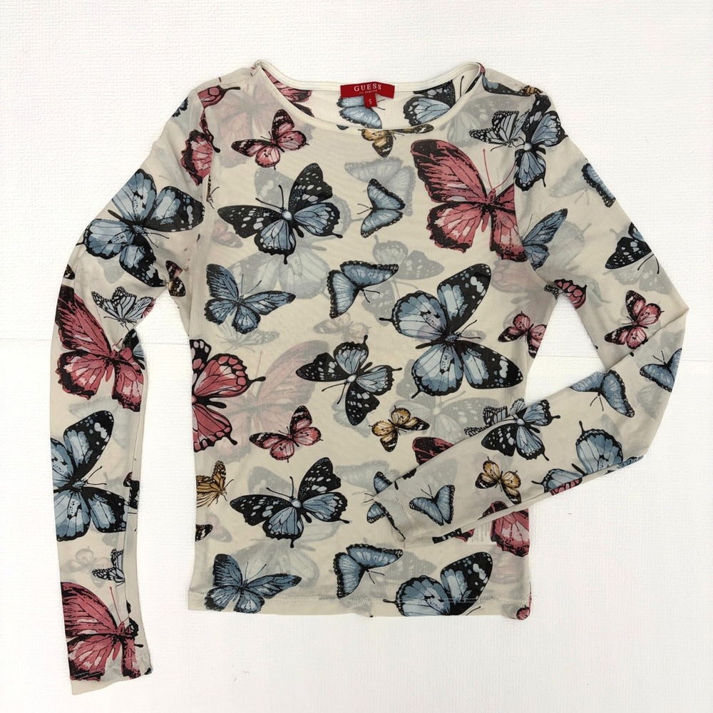 Guess Mesh Top Butterfly Print Long Sleeve Size S Cream Multi Fairy